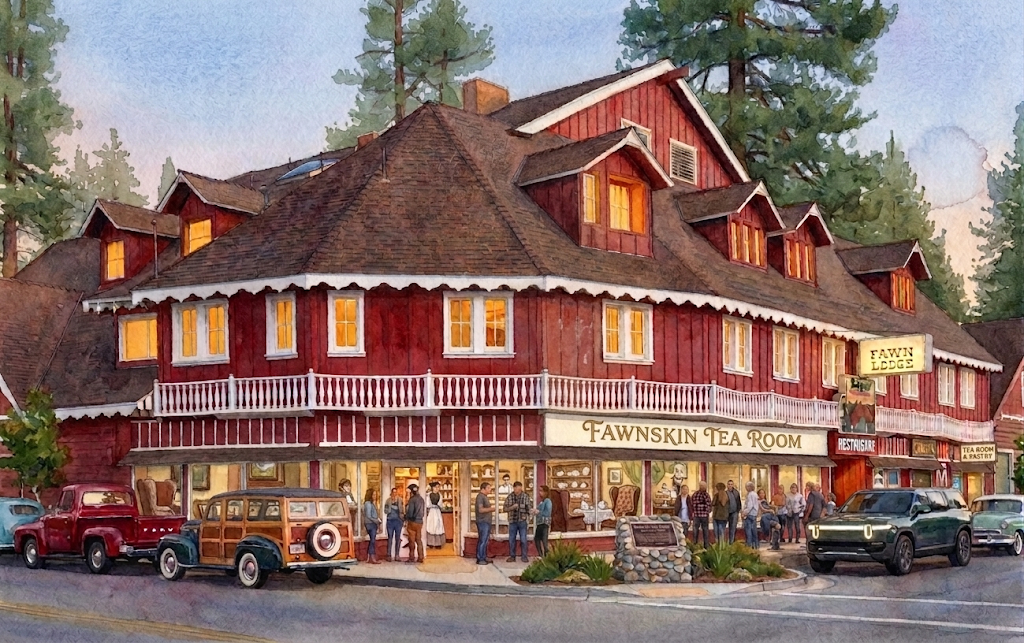 A restored Fawn Lodge at dusk in Fawnskin, California, red board-and-batten walls, glowing windows, neon fawn sign and the Fawnskin Tea Room on the ground floor